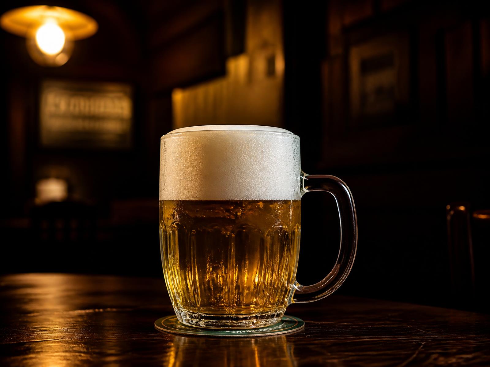 Načepovaná plzeň s hustou pěnou na dřevěném stole v pivnici